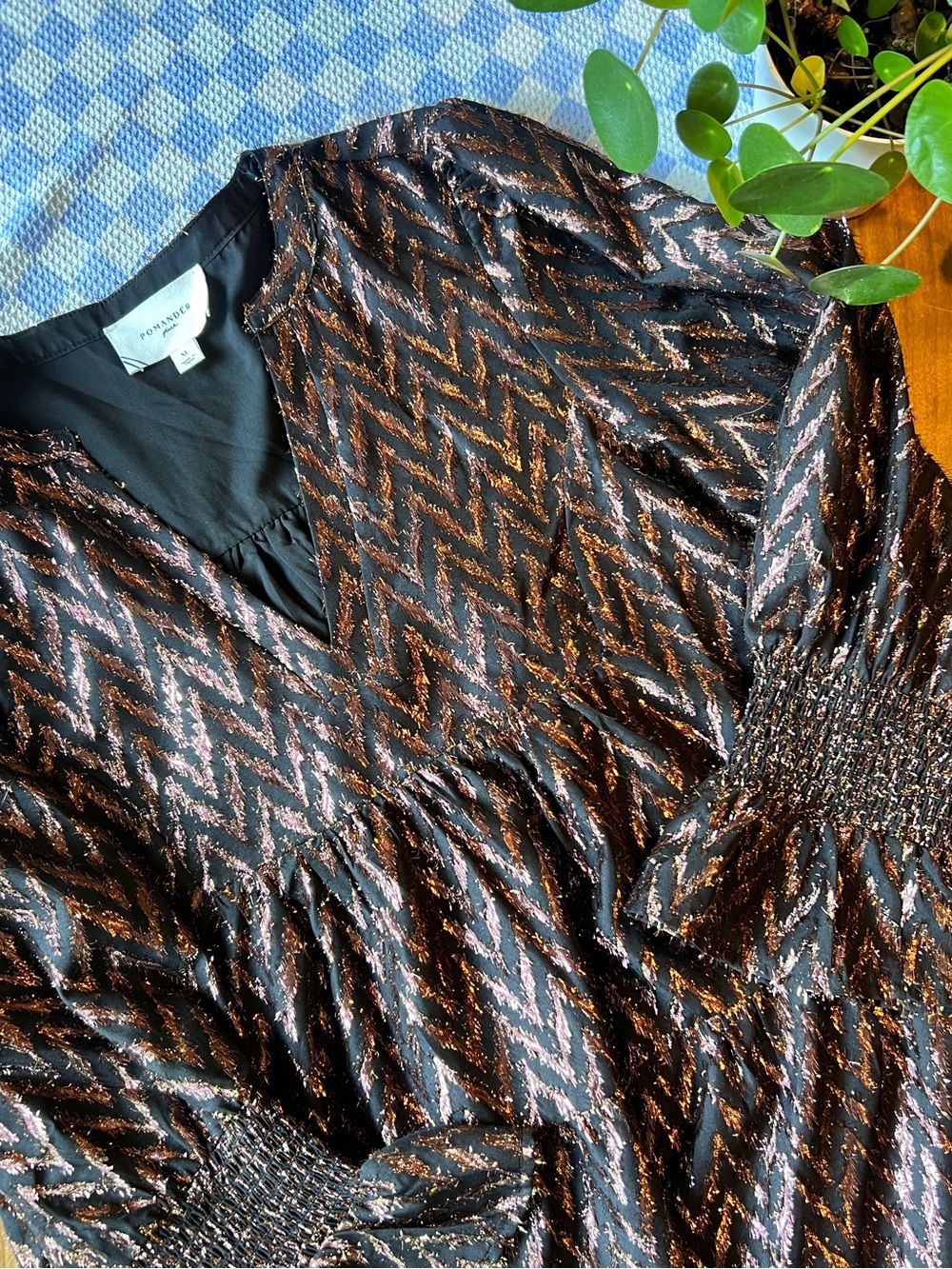 Pomander Place Metallic Chevron Tiered Dress in Copper and Black
